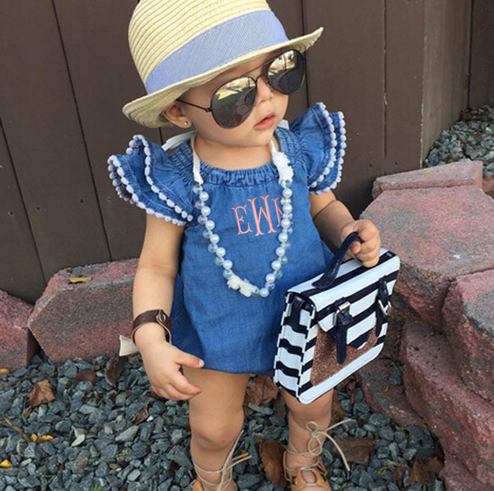 Baby Girl Denim Monogrammed Bubble Monogrammed Denim Romper Etsy