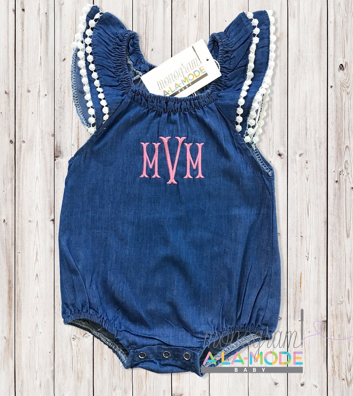 Baby Girl Denim Monogrammed Bubble Monogrammed Denim Romper Etsy