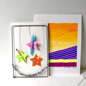 Carte postale anniversaire, carte de voeu en fil de fer, carte à message, carte avec étoiles, petit mot fil de fer