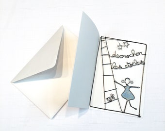 Carte postale en fil de fer, carte à message, carte avec enveloppe, petit mot fil de fer, décrocher les étoiles
