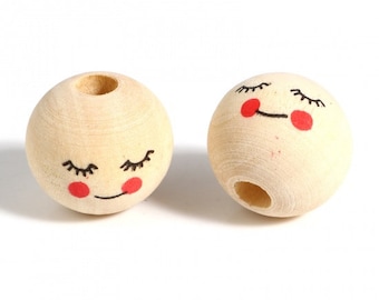set of 10 wooden beads smiling face diameter 16 mm hole 4 mm