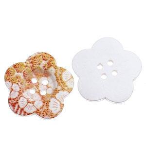 set of 5 wooden buttons 4 holes orange flower 27 X 27 mm in diameter wooden buttons