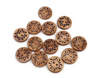 set of 5 Wooden Buttons Two Holes Round Brown Hollow Flowers 23mm Diameter