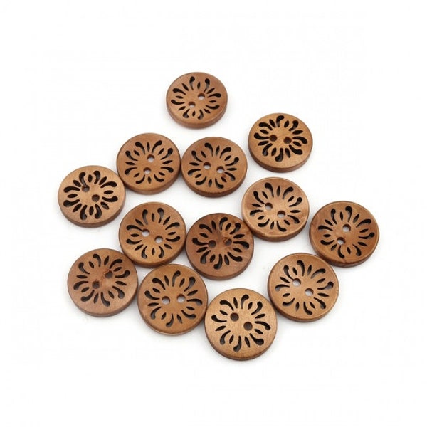 lot de 5 Boutons  en Bois Deux Trous Rond Brun Fleurs Creuses 23mm Diamètre