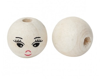 batch of 10 round wooden beads smiling face 14 mm in diameter 0.18 mm hole