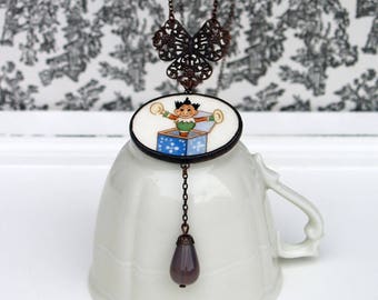 Antique earthenware jewelry, ceramic necklace, Sarreguemines plate, fine chain necklace, brass print necklace