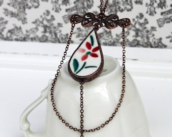 ceramic necklace, hand made jewelry, flower necklace, drop pendant, broken china jewelry, ceramic jewelry, gift for her, made in France