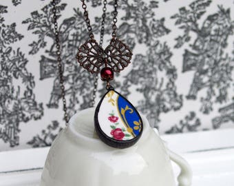 ceramic necklace, hand made jewelry, flower pendant, broken china jewelry, gift for her, drop pendant, made in France