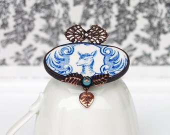 ceramic brooch, animal brooch, sheep brooch, broken china jewelry, blue ceramic jewelry, portrait jewelry, blue brooch, hand made jewelry