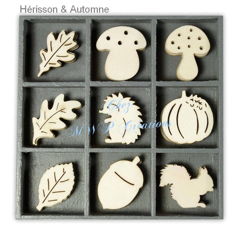 Boite petits ornements bois Saisons, Nature et Animaux plusieurs assortiments disponibles Hérisson & Automne