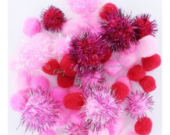 Assortiment pompons Roses 2cm, 2,5cm, 3,5cm, par 48 pièces