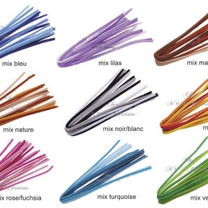 Op de afbeelding: Assortiment van kleurrijke pijpenragers in verschillende kleuren, waaronder blauw, paars, bruin, oranje, roze, turquoise en groen. De pijpenragers zijn in rijen gerangschikt en gelabeld met hun kleurennamen in het Frans.