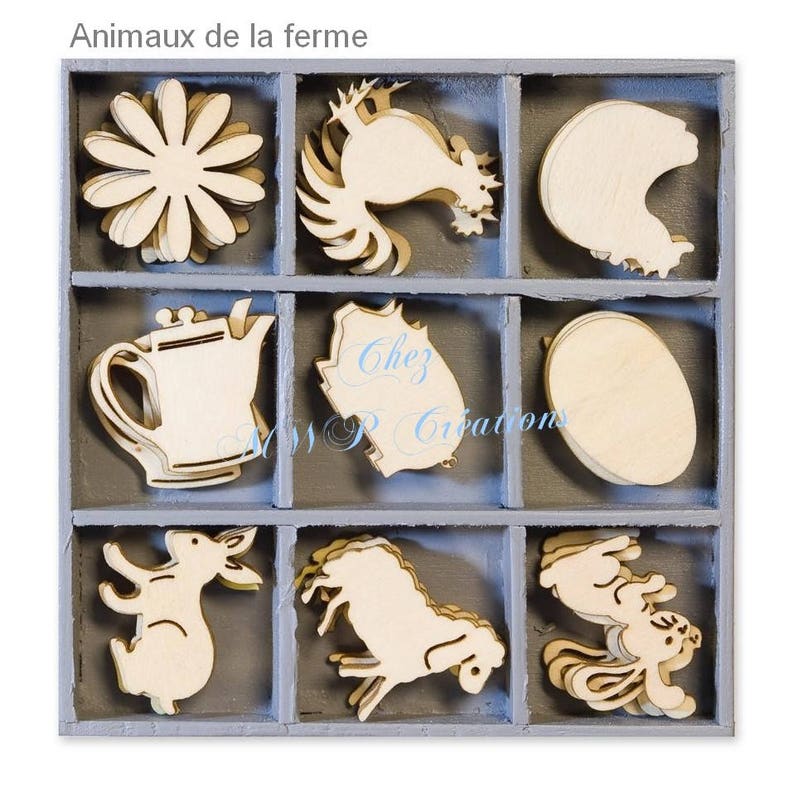 Boite petits ornements bois Saisons, Nature et Animaux plusieurs assortiments disponibles animaux de la ferme