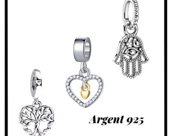 perle charms breloque pendentifs, coeur, mains, en argent 925 avec poinçon pour bracelet