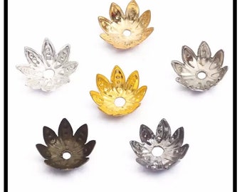 Lots calottes, entretoises, coupelles pour perles fleur de lotus, en métal noir, 8mm à 10mm.