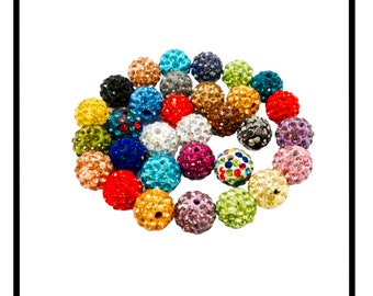 Lots perles shamballa qualité supérieur cristal strass 10mm, mix couleurs,champagne,gris disco galaxy,