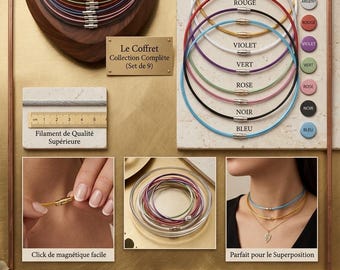 Sets of necklaces, chokers, and wire choker cables.