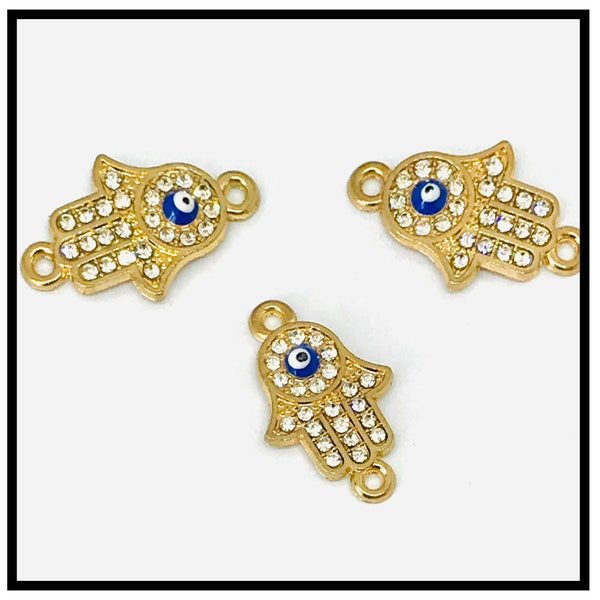 X1 connecteurs  main de fatma/ Fatima /œil en métal doré avec strass bleu royale.