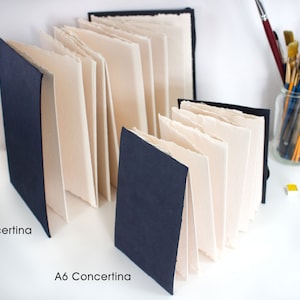 Puede incluir: Dos cuadernos concertina, uno A5 y otro A6, con cubiertas de color azul oscuro y p&aacute;ginas de papel blanco. Los cuadernos est&aacute;n sobre una superficie blanca con un frasco de pinceles y botes de pintura en el fondo.