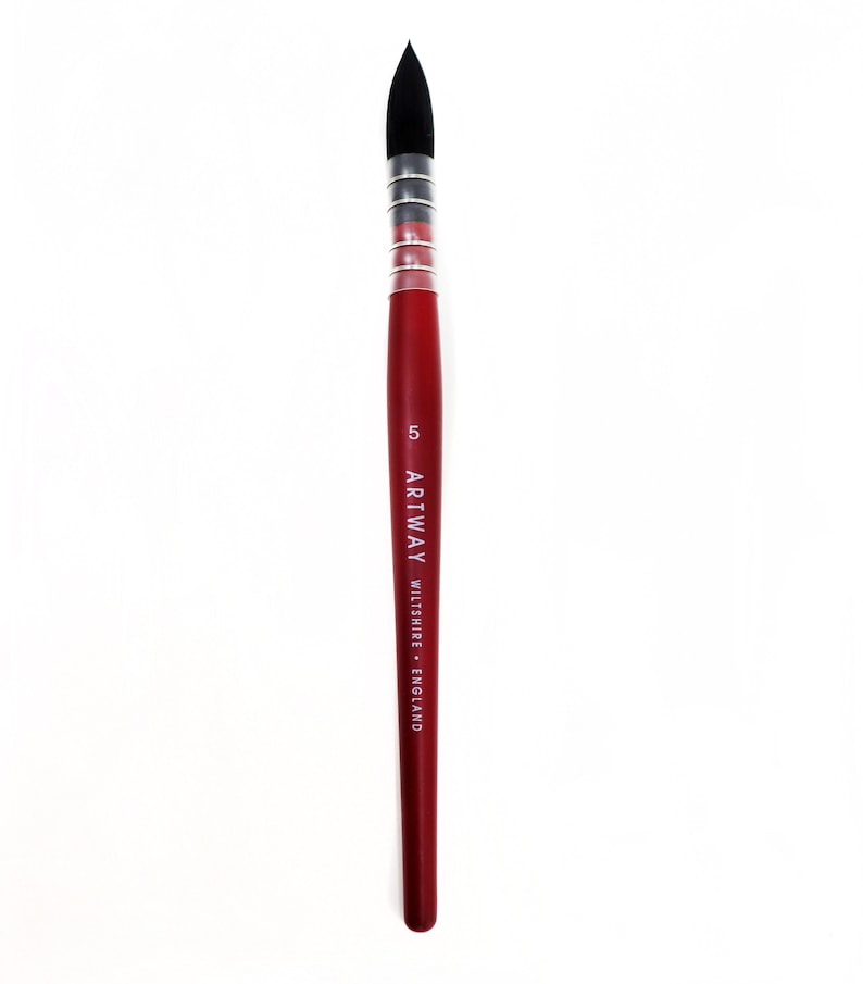 May include: A red handled paint brush with black bristles and a silver ferrule. The brush is labeled "ARTWAY WILTSHIRE - ENGLAND" and "5".