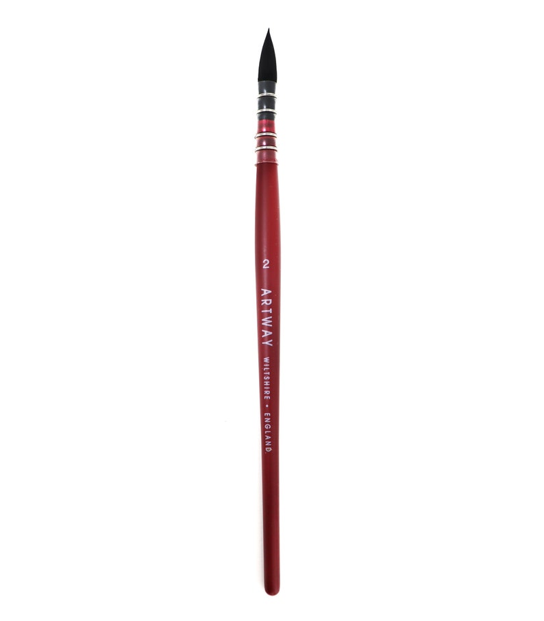 May include: A red handled paint brush with black bristles. The brush is labeled "Artway Wiltshire - England" and has a size 2 designation.