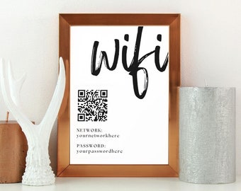Minimal Wifi Password Sign with QR Code - 3 designs, Editable Short Stay/AirBNB Signs, Network Printable, Vacation Rental, WiFi QR Template
