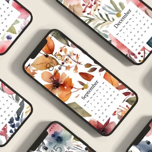 12 fonds d'écran pour téléphone avec calendrier floral, écran de verrouillage aquarelle 2025, écrans de verrouillage de téléphone couleur aquarelle, champ de fleurs, botanique, écran à motifs