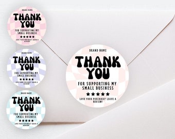 Retro Thank You Stickers, Thank You Sticker Bundle, Editable Thanks Label, Printable Small Business Packaging Insert, Canva Template