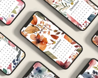 12 Floral Calendar Phone Wallpapers, 2024 Watercolor Lock screen, Water color phone lock screens, Flower Field, Botanical, Patterned screen