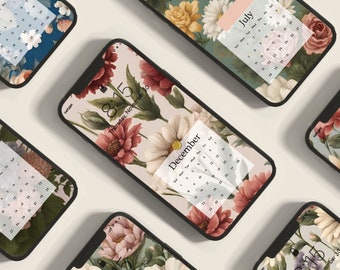 12 Floral Calendar Phone Wallpapers, 2024 Vintage Lock screen, Cottagecore phone lock screens, Flower Field, Botanical, Patterned screen