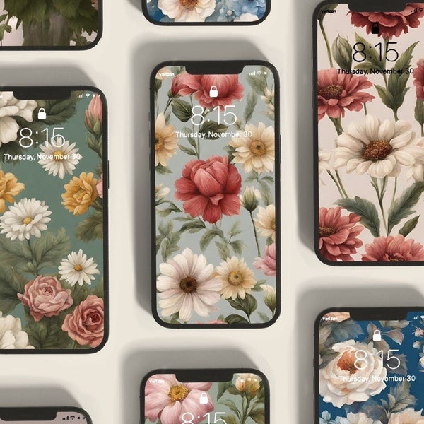 12 Cottagecore Floral Phone Wallpapers, Vintage Flowers Lock screen, Cottagecore phone lock screens, Flower Field, Botanical, Pattern screen