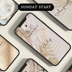 12 Kalender-Handy-Hintergründe, 2025-2026 Beige Ästhetischer Sperrbildschirm, Telefon-Kalender-Hintergründe, Neutraler ästhetischer Hintergrund, Sonntag Start