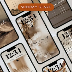 12 Kalender-Telefon-Hintergründe, 2025-2026 Beige Ästhetischer Sperrbildschirm, Telefon-Kalender-Hintergründe, Neutraler ästhetischer Hintergrund, Sonntag Start, 4