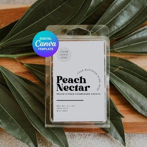 以下が含まれることがあります： 「Peach Nectar」、「Peach-Citrus-Champagne-Papaya」、「Net Wt. 2.5 oz」、「100% Soy」、「Wax Melt」と黒文字で書かれた白いワックスメルトラベル。ラベルは透明なプラスチック容器に入っています。