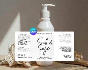 Pump Bottle Label Template, Lotion Label Design, Product Labels, Lotion Editable Template, large bottle label, body wash label, skincare | E