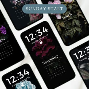 12 Calendar Phone Wallpapers, 2025 Flower Aesthetic Lock screen, Phone Calendar Wallpapers 2025, Nature Aesthetic Background, Sunday Start