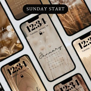 12 Kalender-Hintergründe, 2025-2026 Beige Aesthetic 3 Lock Screen, Telefon-Kalender-Hintergründe, Neutraler ästhetischer Hintergrund, Sonntag Start