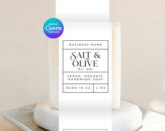 May include: A rectangular bar of handmade soap with a white label featuring the text "SALT & OLIVE" and "VEGAN, ORGANIC, HANDMADE SOAP." The label also indicates the soap weighs 4 oz. A digital Canva template logo is visible.