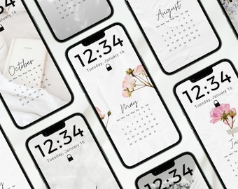 12 Calendar Phone Wallpapers, 2024 White Aesthetic Lock screen, Phone Calendar Wallpapers 2024, White Aesthetic Background, Sunday Start, 2