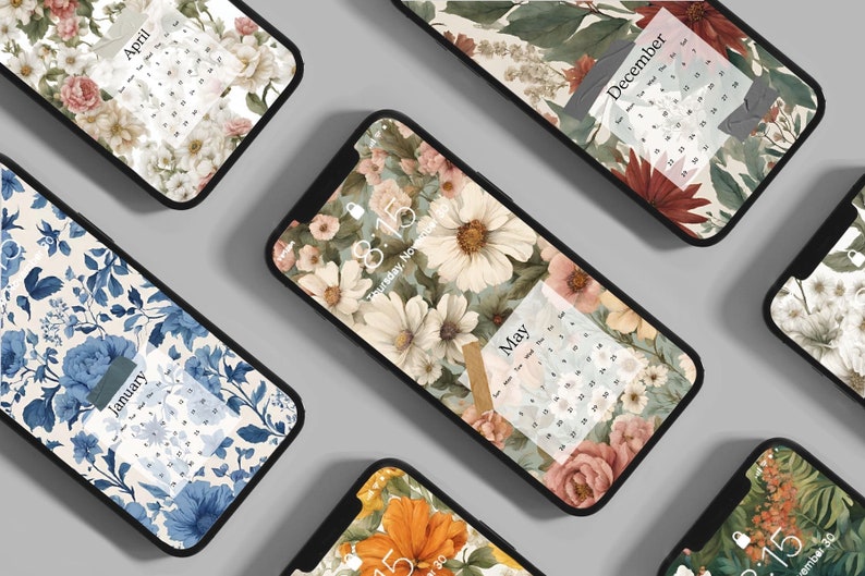 12 Floral Calendar Phone Wallpapers, 2024 Vintage Lock screen, Cottagecore phone lock screens, Flower Field, Botanical, Patterned screen image 1