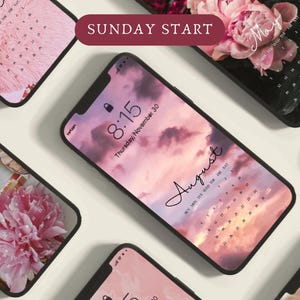 2025-2026 Pink Aesthetic Phone Calendar Wallpapers, Calendar Lock screen, Phone Calendar Lockscreen, Pink Aesthetic Background, SUNDAY Start