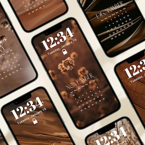 12 Kalender Telefon Wallpaper, 2025 Braun Ästhetik 2 Sperrbildschirm, Telefon-Kalender-Hintergründe, Beige ästhetischer Hintergrund, Sonntag Start, PWBr1