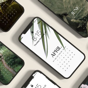 2025 Green Aesthetic Phone Calendar Wallpapers, 12 Calendar Lock screen, Phone Calendar Lockscreen, Nature Aesthetic Background,Sunday Start