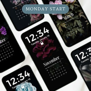 Könnte beinhalten: Mehrere schwarze Smartphones, die Bildschirmsperren mit Blumendesigns und Kalenderdaten anzeigen. Jeder Bildschirm zeigt einen anderen Monat, eine Blume und die Uhrzeit 12:34 an. Der Text "Monday Start" ist ebenfalls sichtbar.