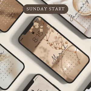 12 Kalender-Telefon-Hintergründe, 2026 Beige Aesthetic 2 Sperrbildschirm, Telefon-Kalender-Hintergründe, Neutraler ästhetischer Hintergrund, SONNTAG Start, 2