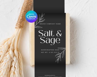 May include: A black and white label for a bar of soap. The label has a floral design and the text "Salt & Sage" with the words "Handcrafted Soap" and "Net Wt. 4 oz (113 g)".