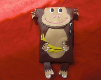 Sac d'école maternelle/crèche/sac à goûter/sac à doudou enfant singe en simili cuir marron et beige
