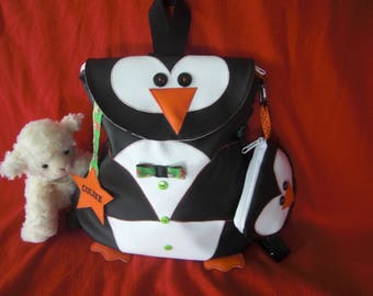 Sac d'école maternelle/crèche/sac à goûter/sac à doudou enfant pingouin en simili cuir noir et blanc