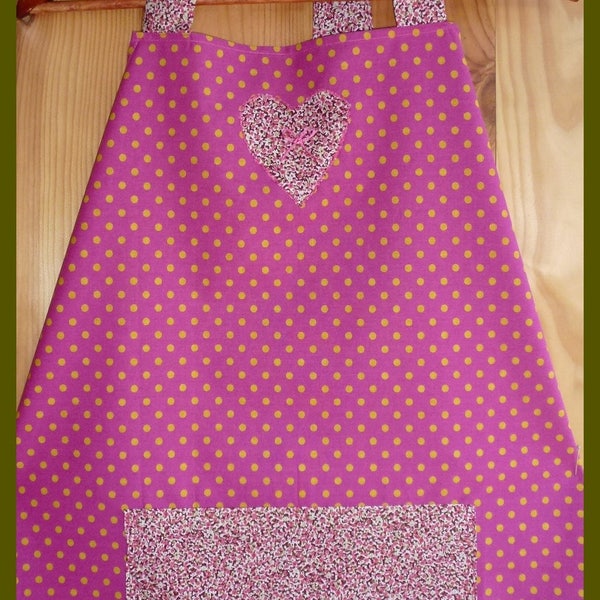 Tablier de cuisine violet à pois vert anis avec appliqué et poche ventrale,taille unique