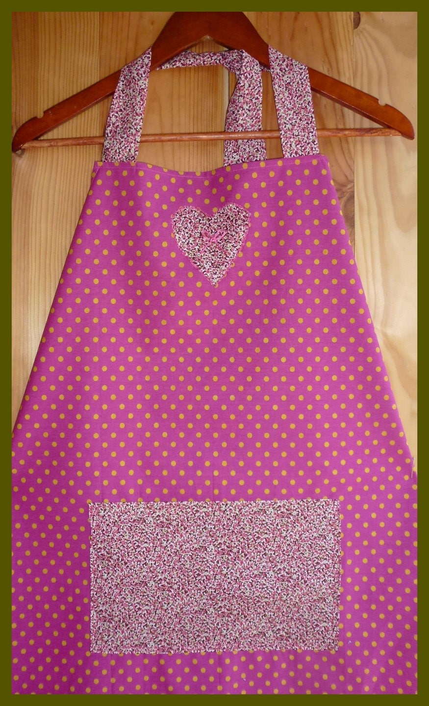 Tablier de Cuisine Violet à Pois Vert Anis avec Appliqué et Poche Ventrale, Taille Unique